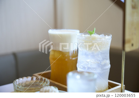 Refreshing cold beverages with ice and mint on table in cafe 120003655