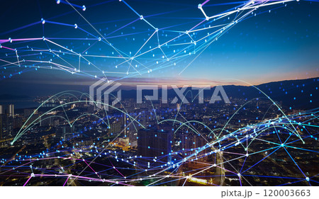 Futuristic network connecting a modern cityscape at night 120003663