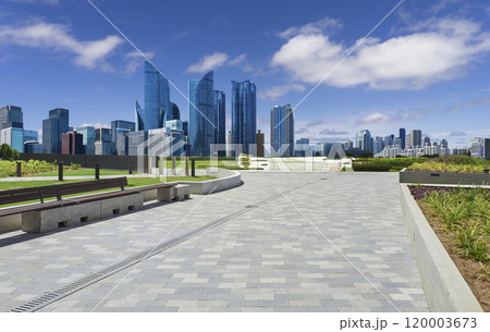 Benches inviting to sit and admire the cityscape Benches inviting to sit and admire the cityscape 120003673