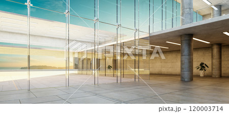 3D Modern glass wall office interior overlooking seaside 3D Modern glass wall office interior overlooking seaside 120003714