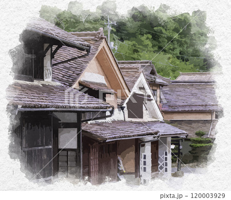 水彩画風　吹屋ふるさと村　吹屋の町並み　岡山県高梁市 120003929