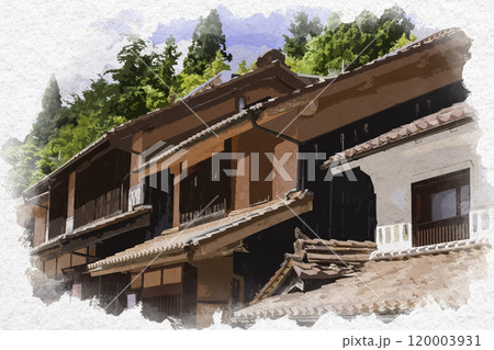 水彩画風　吹屋ふるさと村　吹屋の町並み　岡山県高梁市 120003931