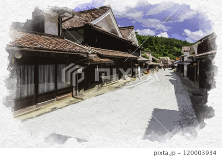 水彩画風　吹屋ふるさと村　吹屋の町並み　岡山県高梁市 120003934