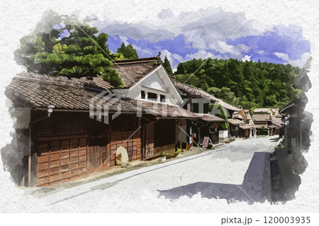 水彩画風　吹屋ふるさと村　吹屋の町並み　岡山県高梁市 120003935