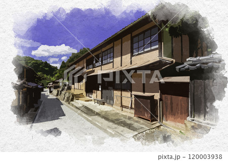 水彩画風　吹屋ふるさと村　吹屋の町並み　岡山県高梁市 120003938