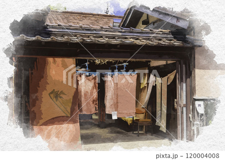 水彩画風　吹屋ふるさと村　吹屋の町並み　ベンガラ染工房　岡山県高梁市 120004008