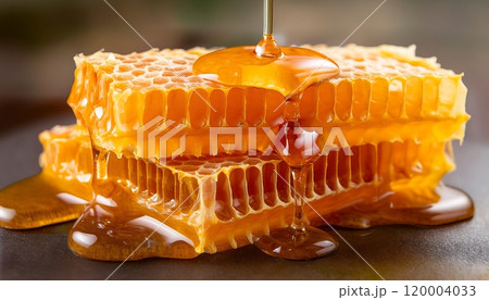 Honeycomb with golden honey dripping from hexagonal cells, showcasing a natural and sweet texture. 120004033