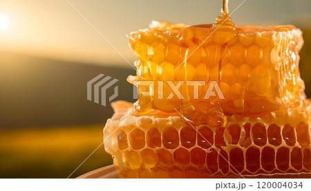 Honeycomb with golden honey dripping from hexagonal cells, showcasing a natural and sweet texture. 120004034