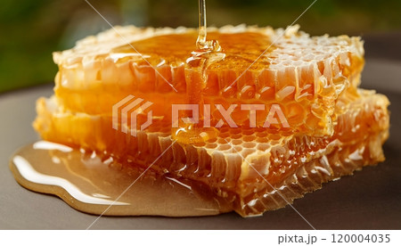 Honeycomb with golden honey dripping from hexagonal cells, showcasing a natural and sweet texture. 120004035