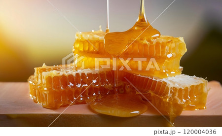 Honeycomb with golden honey dripping from hexagonal cells, showcasing a natural and sweet texture. 120004036