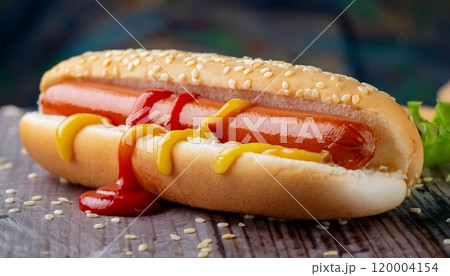 Hot dog with mustard and ketchup on a sesame seed bun. 120004154