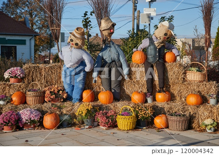Halloween installation on a town square with pumpkins and puppets Halloween installation on a town square with pumpkins and puppets 120004342