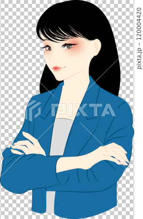 一位身穿深藍色西裝的職業女性雙臂交叉。 120004420