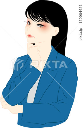 紺色のスーツを着たキャリアウーマンが困っている 120004421