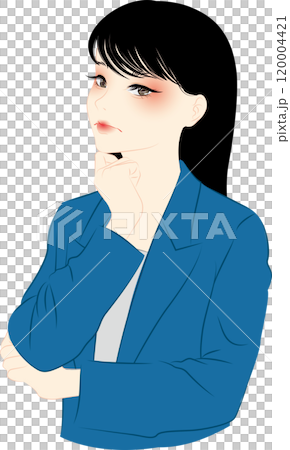 紺色のスーツを着たキャリアウーマンが困っている 120004421