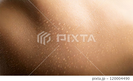 大量に汗をかいた人間の皮膚のクローズアップ 120004490