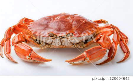 A large cooked crab with a reddish-orange shell is presented against a white background A large cooked crab with a reddish-orange shell is presented against a white background 120004642