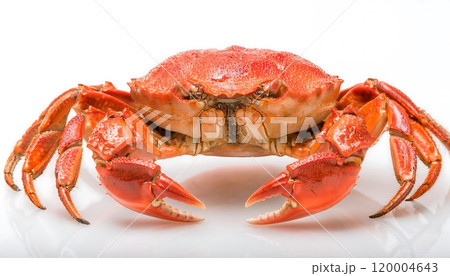 A large cooked crab with a reddish-orange shell is presented against a white background A large cooked crab with a reddish-orange shell is presented against a white background 120004643