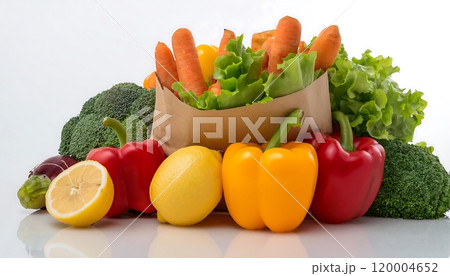 A paper bag filled with fresh vegetables including carrots bell peppers lettuce and a lemon is placed on a white surface against a white background 120004652