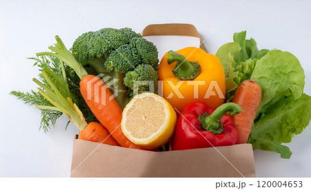 A paper bag filled with fresh vegetables including carrots bell peppers lettuce and a lemon is placed on a white surface against a white background 120004653