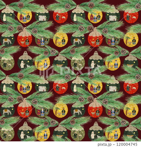 Christmas decorative balls with nativity scene, pine branch watercolor seamless pattern on burgundy background. Illustration for textile, wrapping paper, Christmas card, stickers, posters, advent 120004745