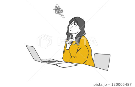 ノートパソコンの前で悩む女性のシンプルイラスト 120005487