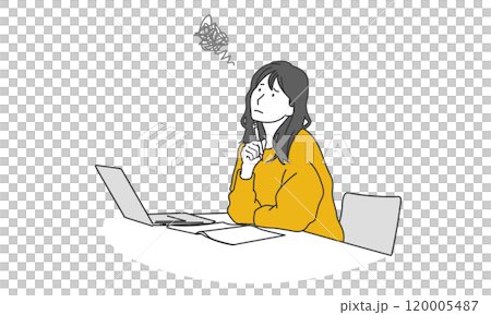 ノートパソコンの前で悩む女性のシンプルイラスト 120005487