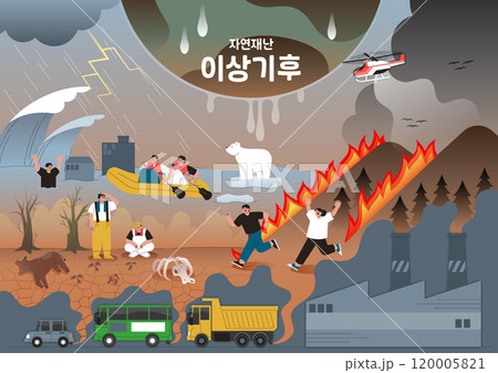 A scene in which the abnormal climate causes heavy rain, drought, wildfires, and melting glaciers simultaneously A scene in which the abnormal climate causes heavy rain, drought, wildfires, and melting glaciers simultaneously 120005821