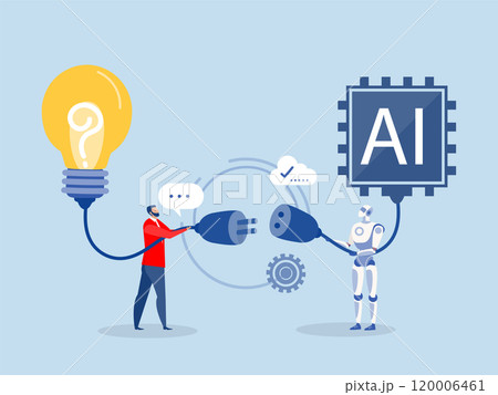 businessman connect plug with lightbulb idea to ai Artificial Intelligence. or processing chip into human brain with Light bulb development innovation concept vector 120006461