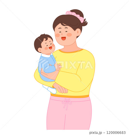 Mother smiling happily holding her child 120006683