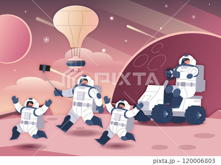 Astronauts wearing space suits landing and exploring Mars 120006803
