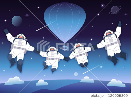 Astronauts wearing space suits and running around in zero gravity 120006809