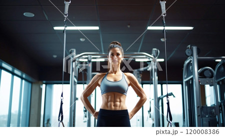 フィットネスジムでポーズを取る若い女性 フィットネスジムでポーズを取る若い女性 120008386