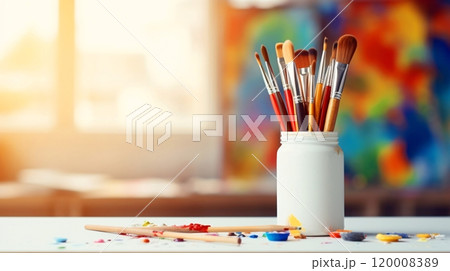 机に置かれた絵画用の筆、美術室の風景 120008389