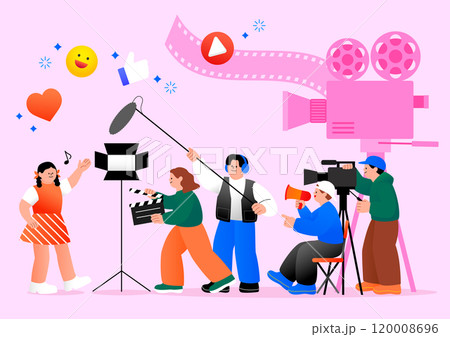 Media content creator illustration with people filming a woman 120008696