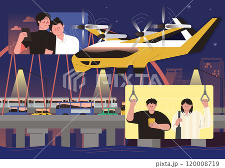The quiet drone taxi ride home from work and the tiring public transportation ride home from work. 120008719