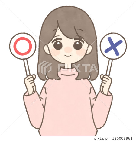〇と×印の札を持つ笑顔の女性 120008961