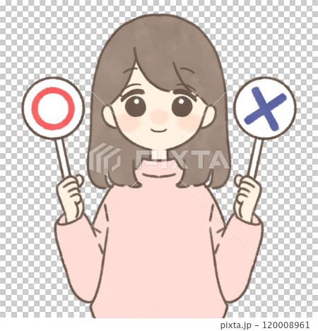 〇と×印の札を持つ笑顔の女性 120008961