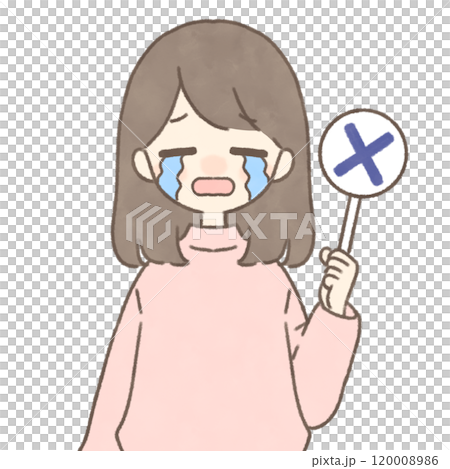 ×印の札を持つ泣き顔の女性 120008986