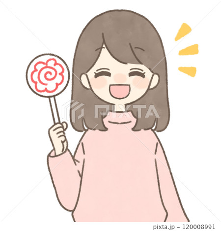 花丸印の札を持つ笑顔の女性 120008991