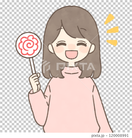 花丸印の札を持つ笑顔の女性 120008991