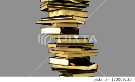 Stacked gold books isolated on gray background. 120009139