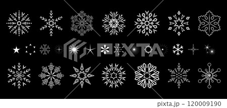 Snowflakes icon collection. Graphic modern black and white ornament. Snowflakes icon collection. Graphic modern black and white ornament. 120009190