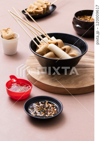 Oden and oden soup on a wooden tray Oden and oden soup on a wooden tray 120009617