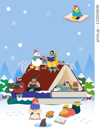 Winter vacation reading camp poster with people sitting on big books in the snow 120009696