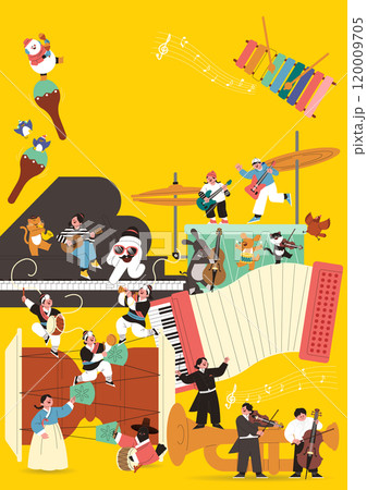 Winter vacation music class poster with people and animals playing various instruments 120009705