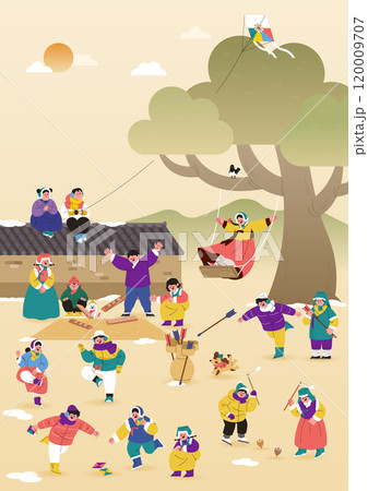 Winter vacation folk play experience poster where people wearing winter hanbok enjoy folk games Winter vacation folk play experience poster where people wearing winter hanbok enjoy folk games 120009707