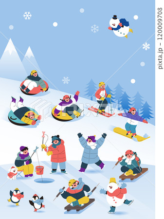 Snowflake Festival poster showing people enjoying winter sports on a snowy mountain 120009708