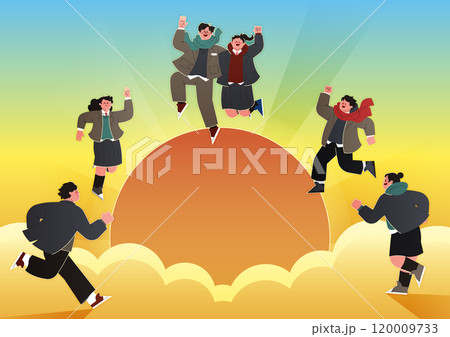 Students jumping with clouds and sun in the background Students jumping with clouds and sun in the background 120009733