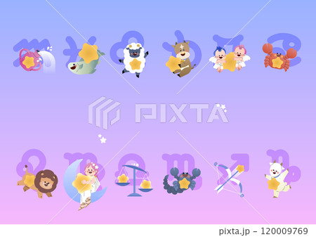 New Year's horoscope title illustration with 12 zodiac constellation characters side by side 120009769